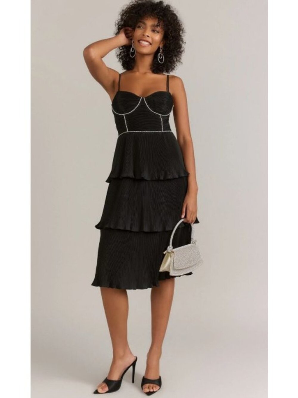 Do + Be Dress Small Crystal Chain Pleated Tiered Midi Black Cocktail Party NEW